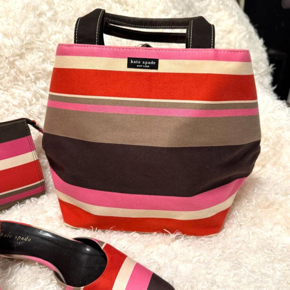 KATE SPADE ♠️ Vintage Classic Stripe BUNDLE Bucket, Cosmetic & Mules 8 N/Narrow
